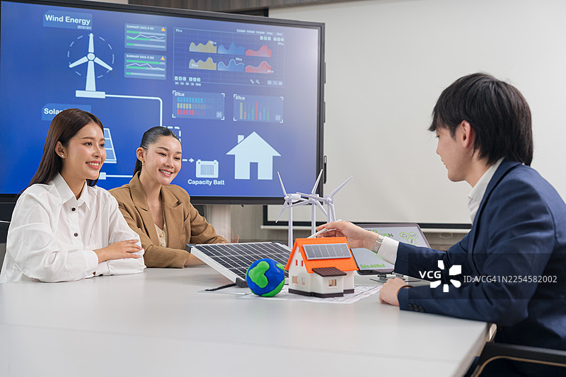 商业团队在会议室讨论可持续能源项目。图片素材