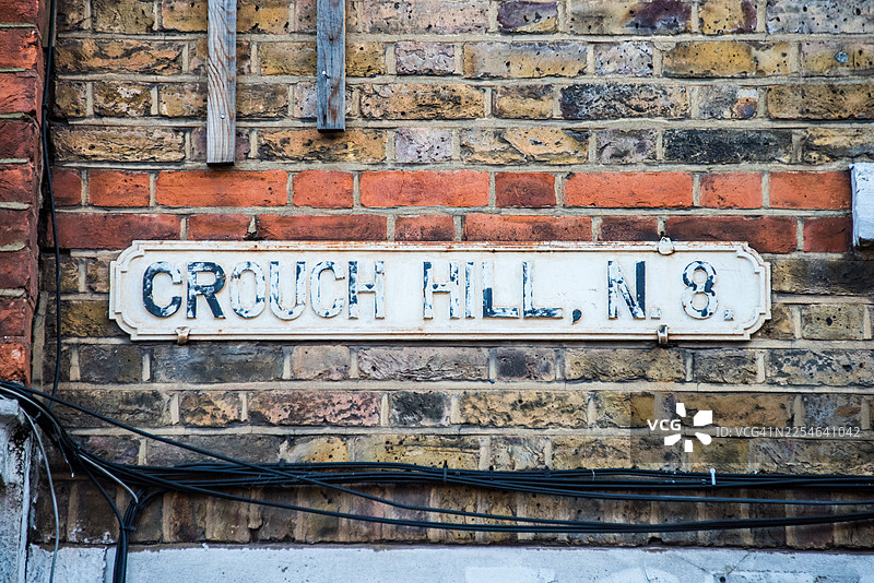 饱经风霜的克劳奇山8号街道标志，立在砖墙上图片素材