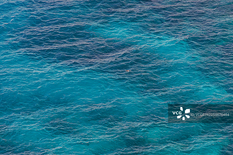 一只美丽的巨型绿海龟（Chelonia mydas），海龟科，正在悠闲地游泳换气。观海望台和海湾位于岛屿的西北端，坐落在一处100米高的悬崖之上。图片素材