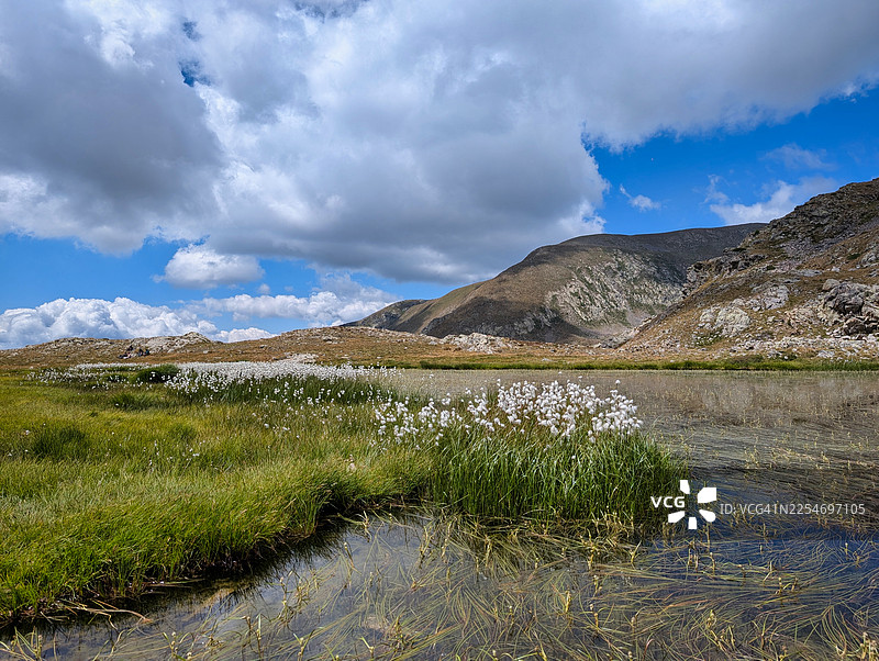法国默康图尔，群山环抱的宁静湖泊，湖边野花盛开，天空布满云彩的风景图片素材