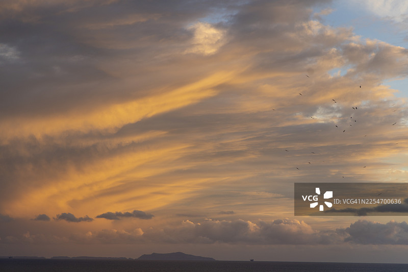 美国卡平特里亚，壮丽的日落天空，色彩鲜艳的云彩笼罩着海洋，鸟儿在飞翔，远方是陆地轮廓图片素材