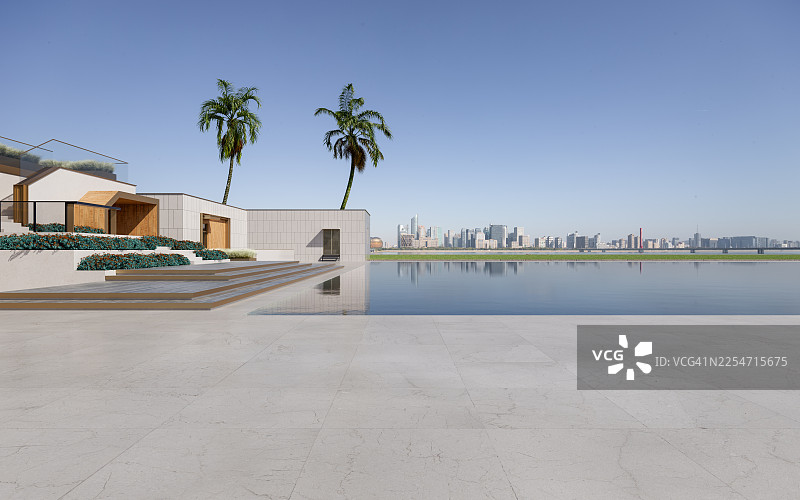 现代住宅，拥有无边泳池和城市天际线景观图片素材