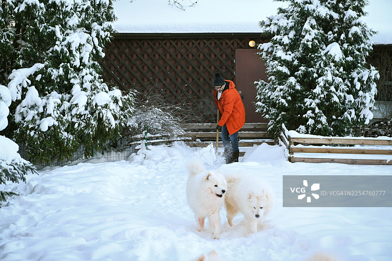 一位成熟的成年男子在花园里铲雪图片素材