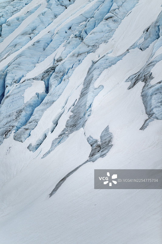 阿拉斯加肯纳半岛出口冰川的蓝色崎岖冰川冰，有冰隙和积雪，细节图片素材