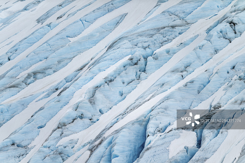 阿拉斯加肯纳半岛出口冰川的蓝色崎岖冰川冰，带有冰裂缝和积雪，细节图片素材
