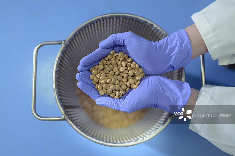 制药厂工人手持压制好的药片样品图片素材