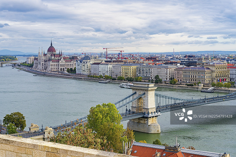 匈牙利布达佩斯多瑙河畔的国会大厦和链子桥图片素材