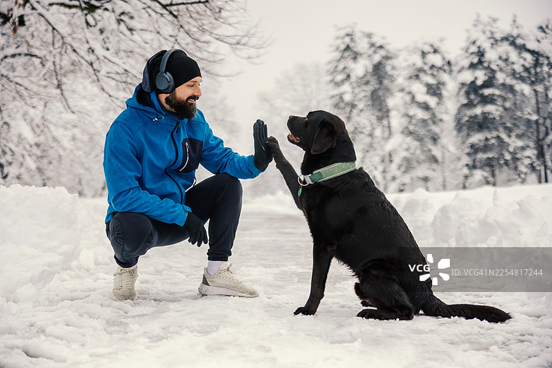 男人在雪地里与黑色的拉布拉多犬击掌图片素材