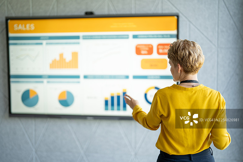女商人用互动白板展示销售数据图片素材
