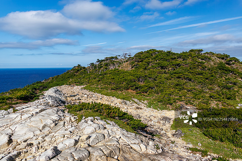 徒步旅行者正在行走。观音崎展望台和海湾位于岛屿的西北端，坐落在一座 100 米高的悬崖顶上。陆地一侧是一片荒凉的荒地。图片素材