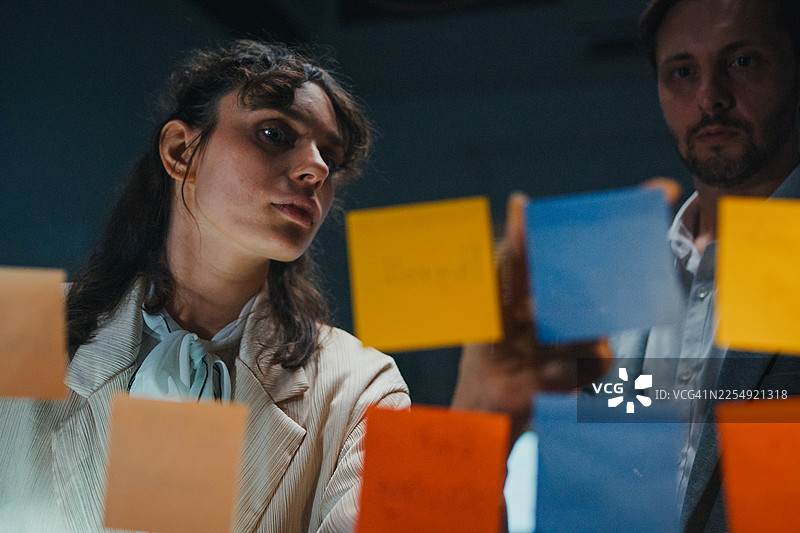 夜间，两名同事在现代办公室里近距离头脑风暴，在玻璃墙上使用便利贴整理想法和规划任务。规划、领导力、团队合作和创造性问题解决。图片素材