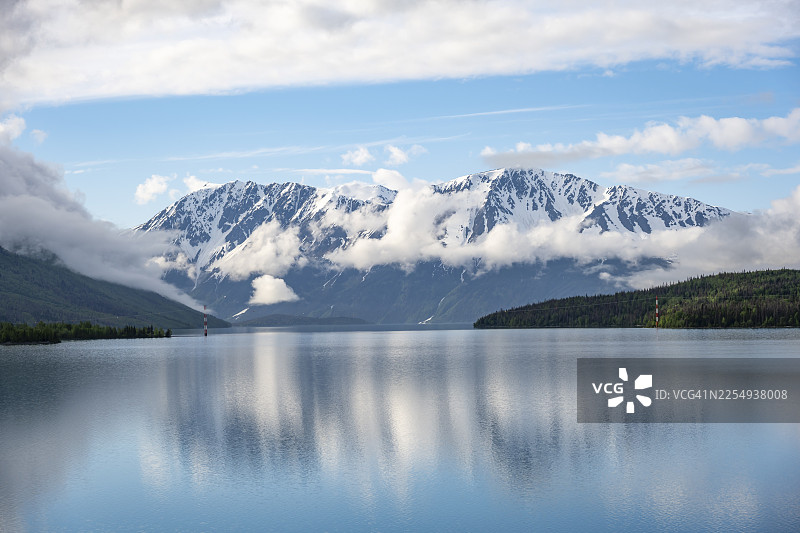 春天的雪山倒映在绿松石般的肯纳湖中，位于美国阿拉斯加州肯纳半岛的库珀登陆图片素材