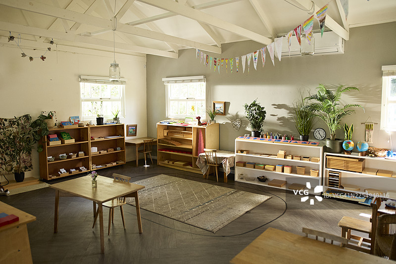 整齐地摆放在教室里的学校用品图片素材