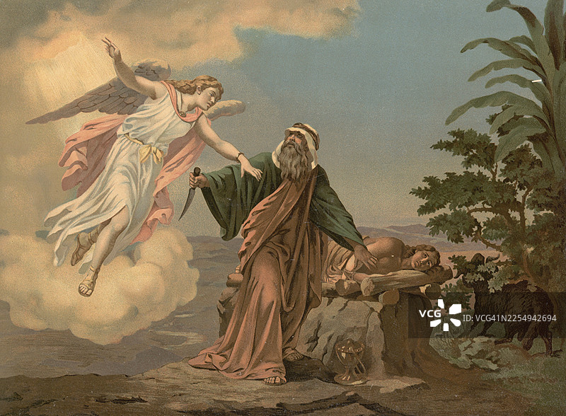 圣经故事场景，上帝要求亚伯拉罕在摩利亚山上献祭他心爱的儿子以撒以考验他的信仰，在最后一刻，亚伯拉罕被天使阻止，一头公羊被献祭取而代之，学校壁画的真实复制品，历史图片素材