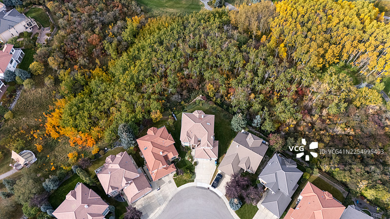 秋季，卡尔加里，汉普顿社区俯瞰峡谷的航拍景象图片素材