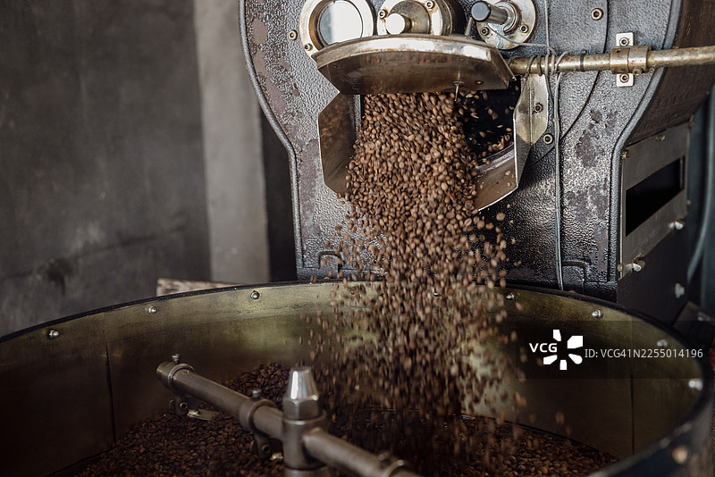 咖啡烘焙师在烘焙机前倾倒咖啡豆进行烘焙图片素材