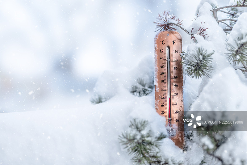 一支金属温度计立在雪松树枝上，上面显示着摄氏度和华氏度。温度计里的红色液体远低于零度，完美地展现了寒冷冬日的气息。图片素材