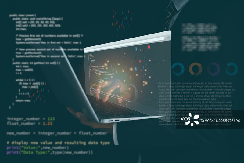 商务人士在现代办公室环境中使用笔记本电脑，叠加着象征数据保护、加密和金融科技创新的未来感网络安全全息图，以及数字用户体验界面。图片素材