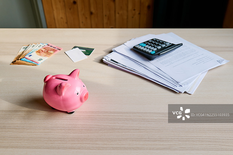 猪形储蓄罐和欧元现金。商业、养老金、金融、投资、储蓄和腐败概念。图片素材