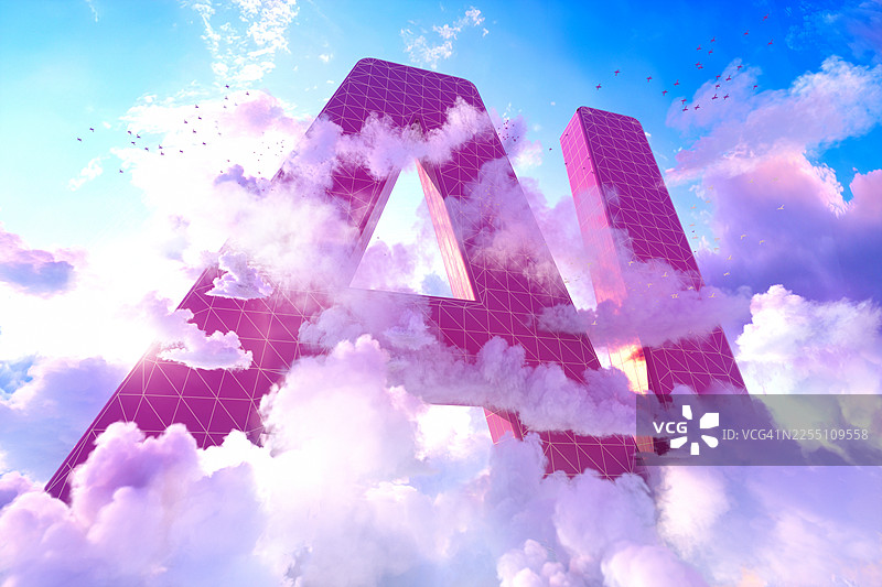 巨大的AI字母漂浮在天空中蓬松的云朵之上图片素材