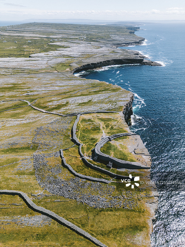 爱尔兰 Aran 岛 Inis Mór 的鸟瞰图，展示了悬崖和邓埃尼尔斯古石堡遗址图片素材