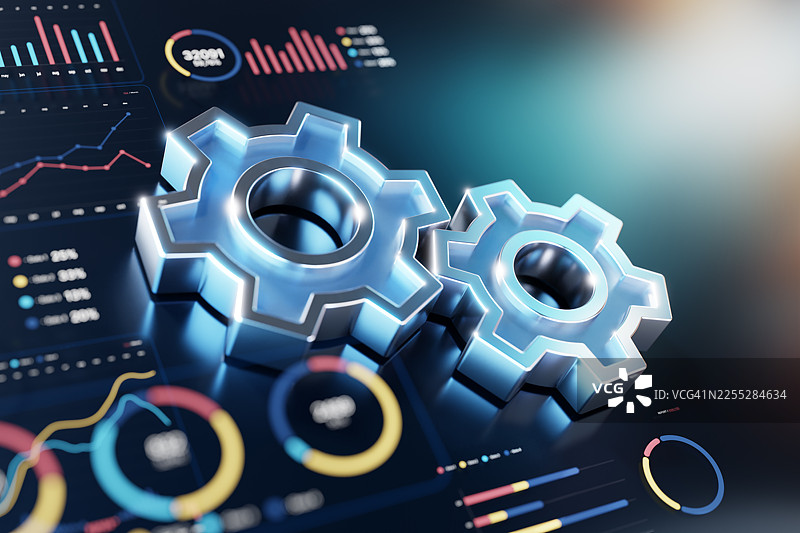 齿轮3D图标和数字数据可视化，象征着当今的技术、系统和流程优化图片素材