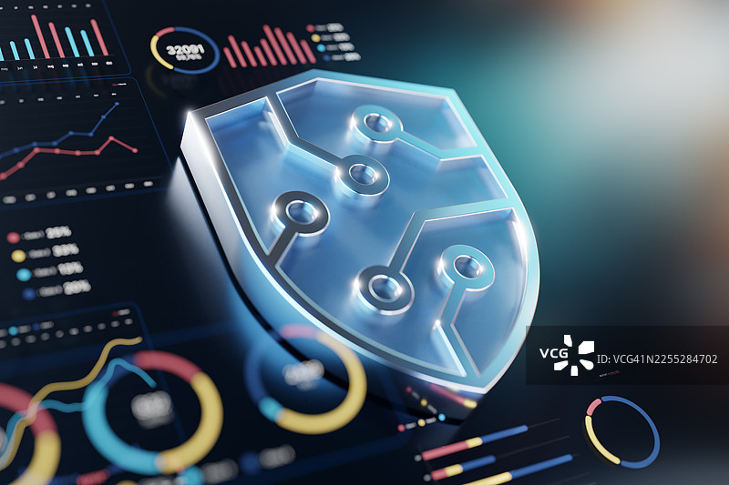 数字仪表板上的网络安全盾牌：未来的数据保护与分析概念图片素材