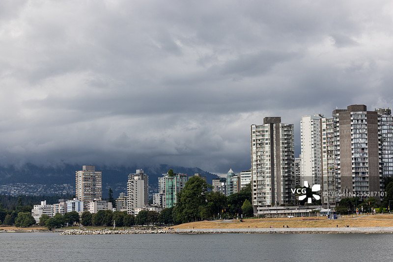 阴天下的城市滨水天际线图片素材
