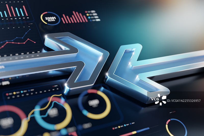 叠加在动态数据仪表板、图表和分析可视化上的未来蓝色箭头结构图片素材