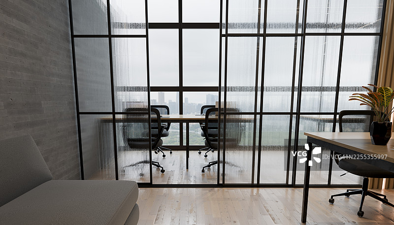 现代办公室内部，设有玻璃隔断和城市景观图片素材