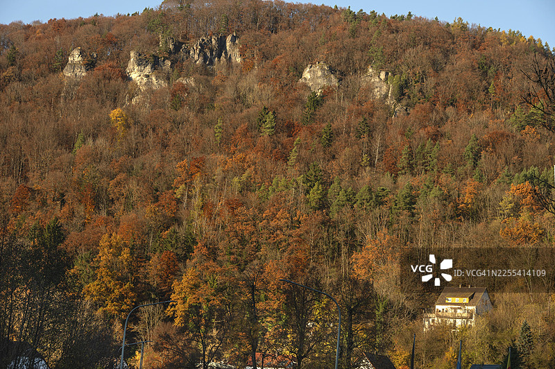 秋季色彩的混合森林在傍晚的光线下，位于德国巴伐利亚州上弗兰肯行政区埃格洛夫施泰因的法兰克尼亚瑞士图片素材