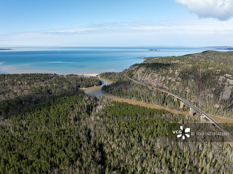 加拿大安大略省横加公路上的小皮克河大桥和苏必利尔湖的鸟瞰图图片素材
