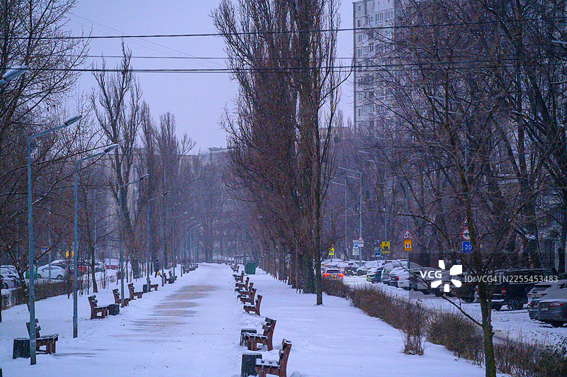 冬季城市公园雪景，长椅覆盖着雪图片素材