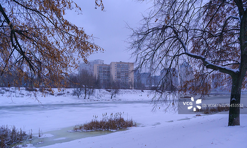 冬季，冰封的河流蜿蜒穿过城市公园图片素材