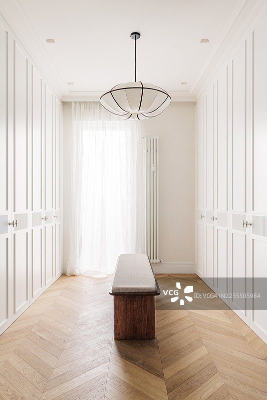 简约步入式衣帽间，配有吊灯图片素材