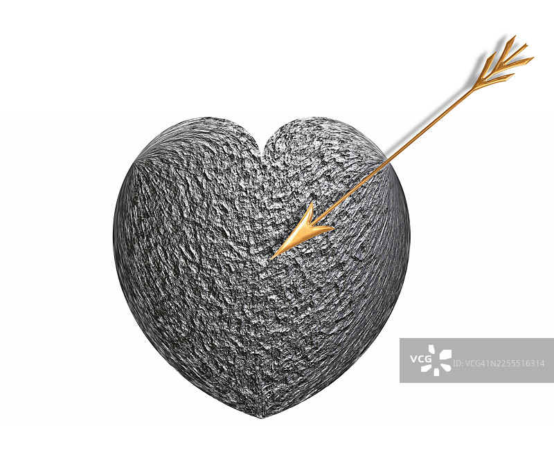 冷钢金属心形，带有金色箭，白色背景上的设计物品剪影。图片素材