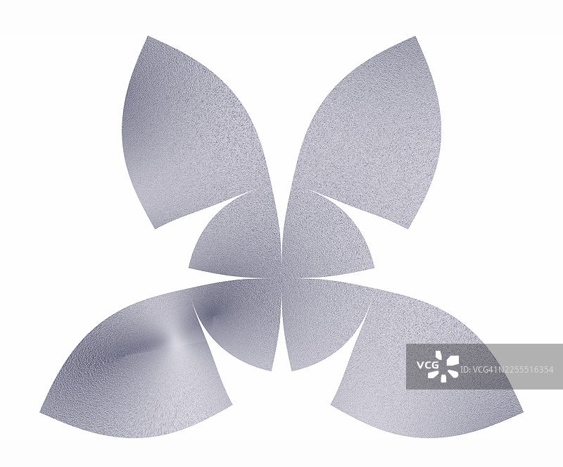 闪亮的银色金属抽象蝴蝶结形状人物，在白色背景上抠出。图片素材