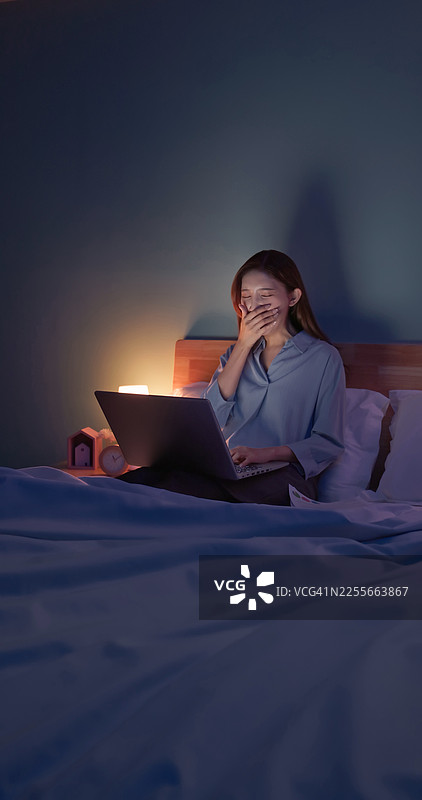 女商人睡前在床上使用笔记本电脑工作图片素材