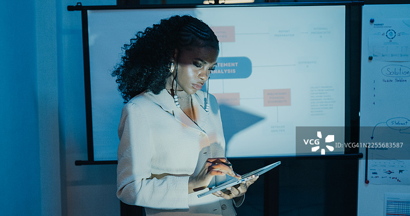 年轻的非裔美国女性商业领袖在现代办公室的夜晚，展示投资策略和预算计划。市场营销策略分析，股票市场交易，财务顾问。图片素材