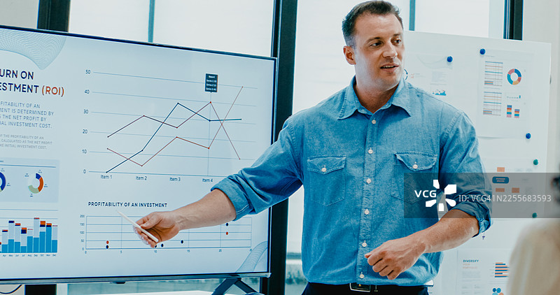 多元化的金融团队在办公室举行商务会议，领导者展示投资策略和预算规划。市场营销策略分析、股票市场交易、财务顾问概念。图片素材