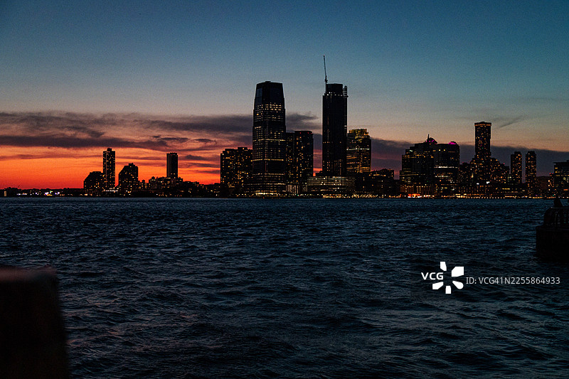 夕阳下的泽西城天际线，横跨哈德逊河图片素材