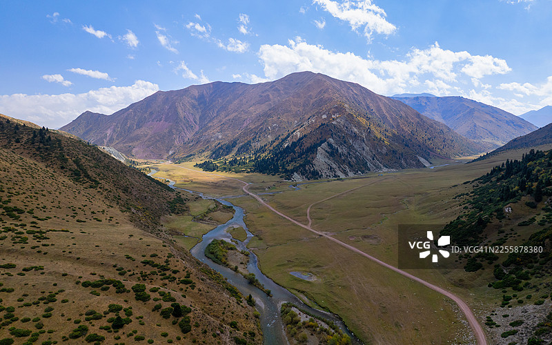 吉尔吉斯斯坦天山山脉广阔绿色山谷的空中视角，一条蜿蜒的河流和多条交错的土路在晴朗多云的天空下延伸。图片素材