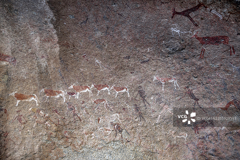 白夫人岩画，白夫人绘画，猎人和动物的描绘，Maack's Shelter 的岩画，Tsisab Gorge，Brandberg，Erongo，纳米比亚图片素材