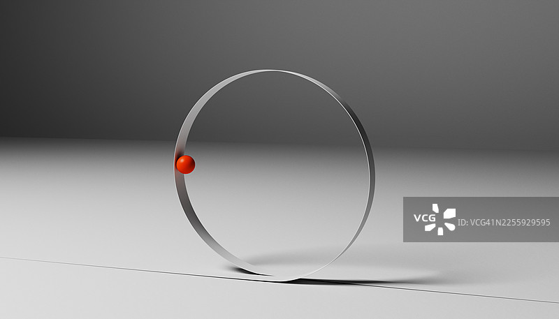 充满活力的红色球体连接在连续的金属环上，象征着连接和循环的概念图片素材