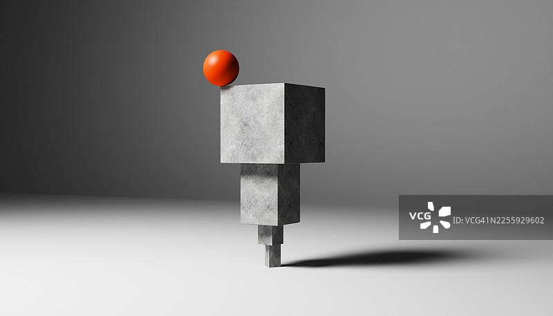 一个充满活力的红色球体，稳稳地放置在混凝土块基座上，象征着专注与稳定图片素材