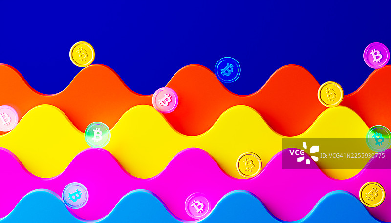 比特币的彩色硬币在充满活力的波浪图案上滚动，加密货币市场波动概念图片素材