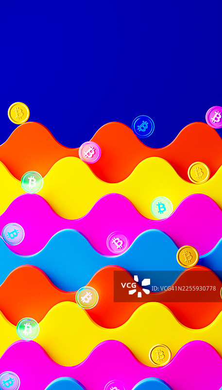比特币滚落于鲜艳波浪图案的垂直视角，加密货币波动概念图片素材