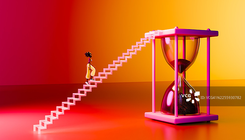年轻的黑人女性爬上白色楼梯，走向一个巨大的粉色沙漏，象征着时间管理和职业发展图片素材