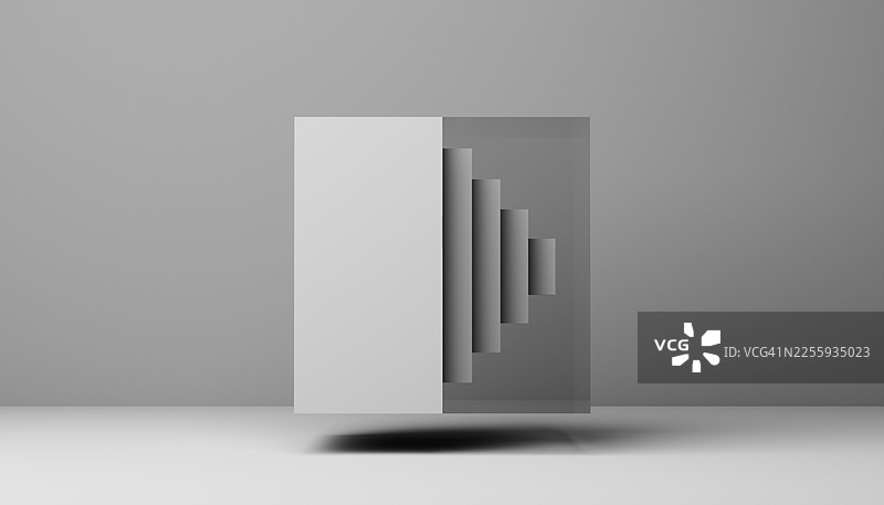 漂浮的白色立方体，内部多层结构，体现战略创新与结构概念图片素材