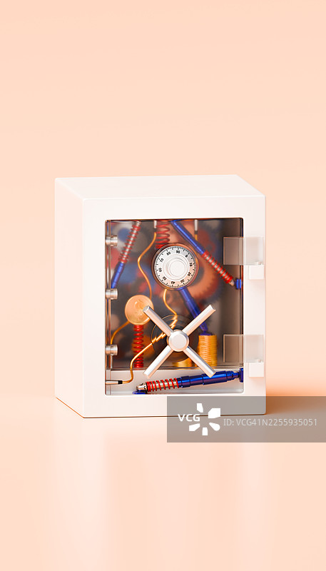 白色安全保险箱，透明门内显露机械齿轮，象征安全创新图片素材